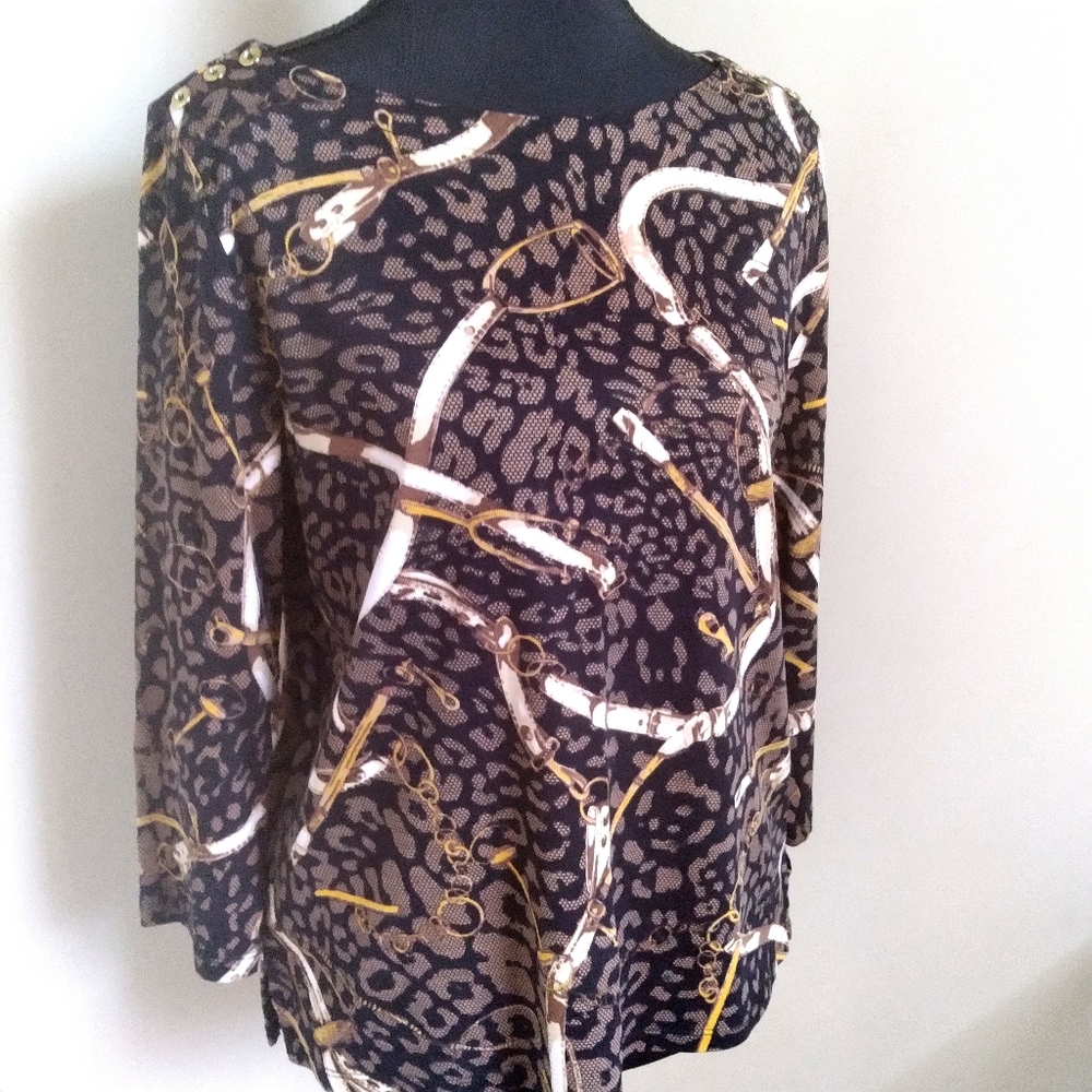 Equestrian Stirrup Print Top Jersey Knit Western Cowgirl Rodeo Animal Print